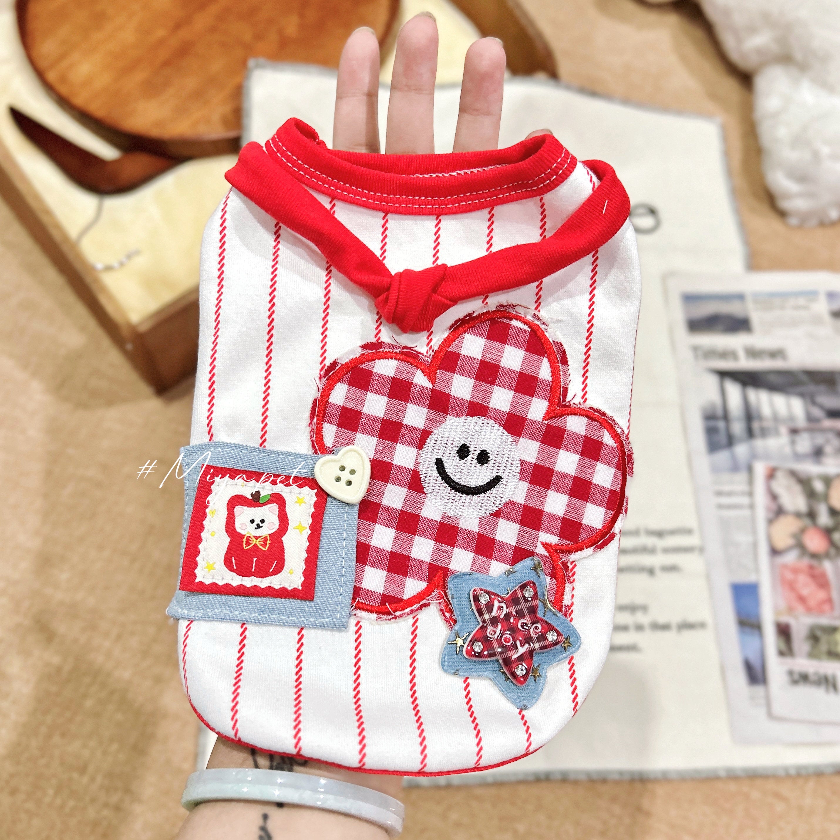 Red Striped Flower Appliqué Pet Tank Top Pet Top Miya