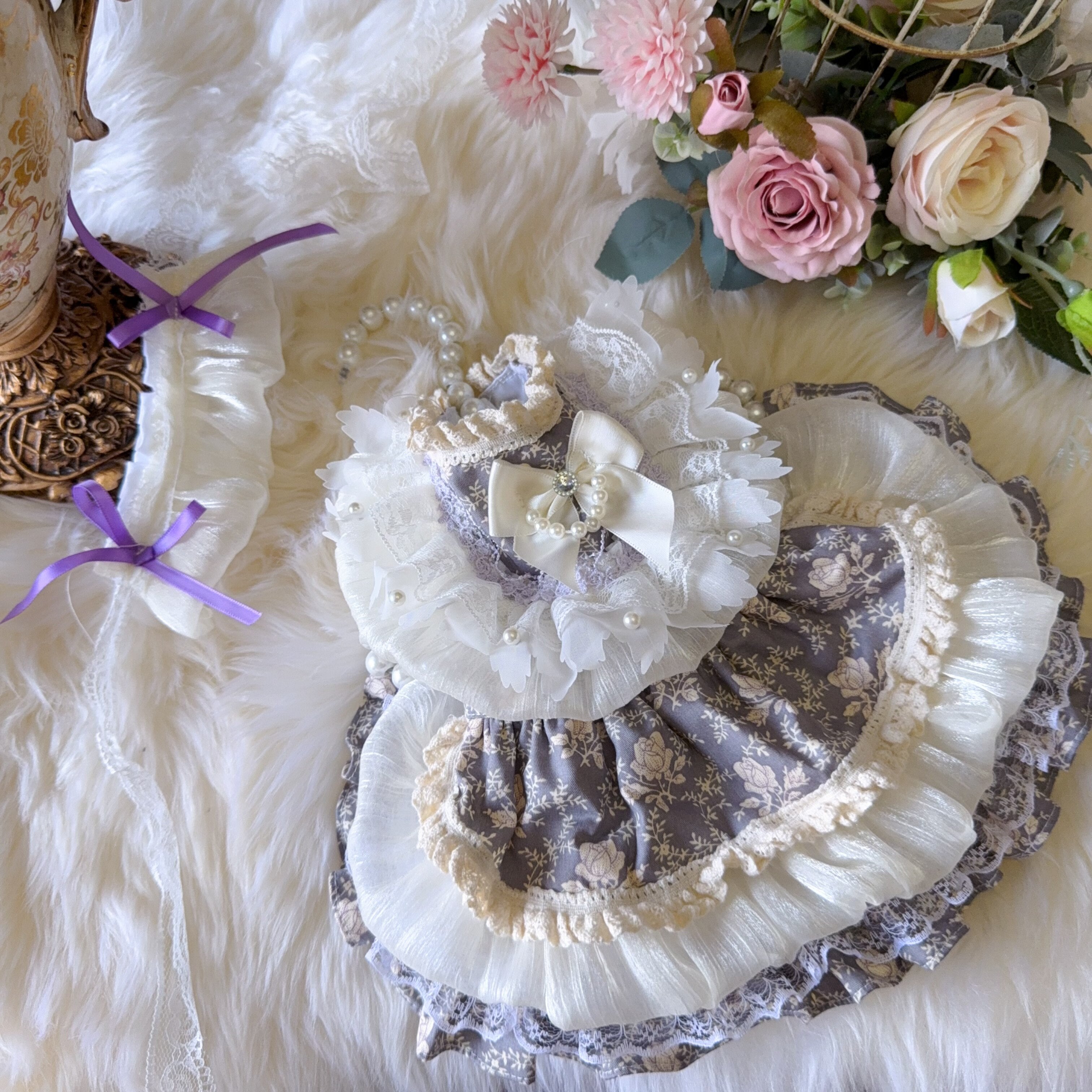 Amya - Grey Floral Lolita Pet Dress Pet Dress Amya