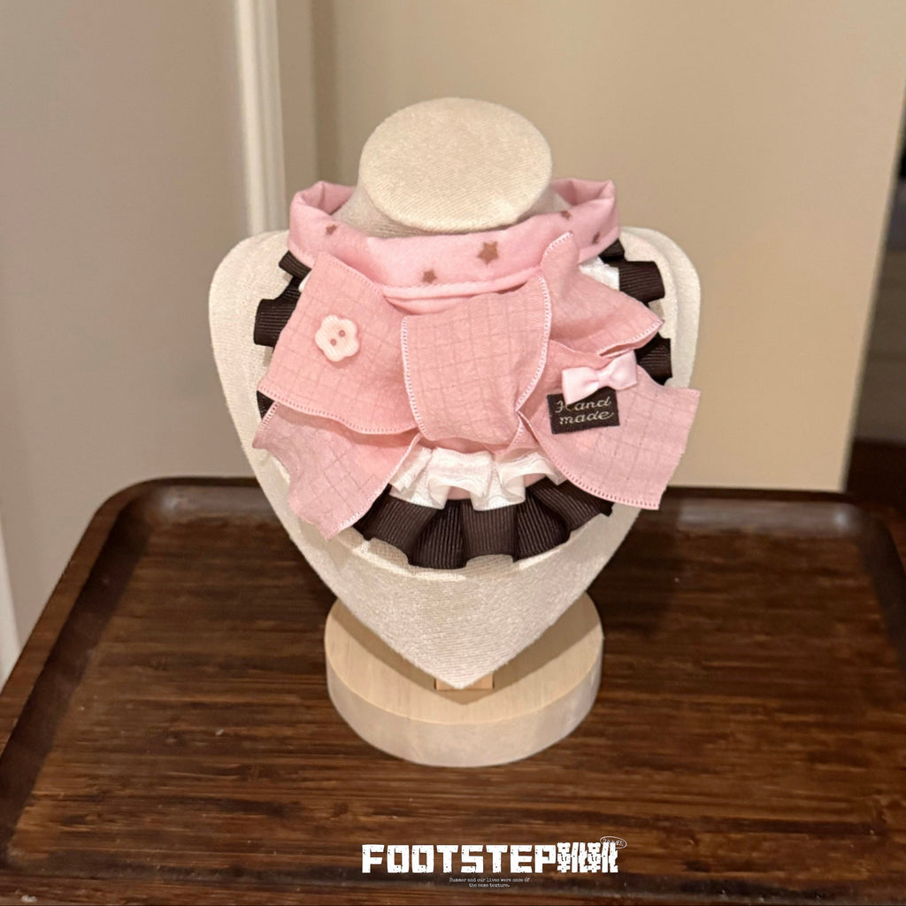 FOOTSTEP - Pink Coffee Big Grid Gauze Bow Pet Bib Pet Bibs FOOTSTEP