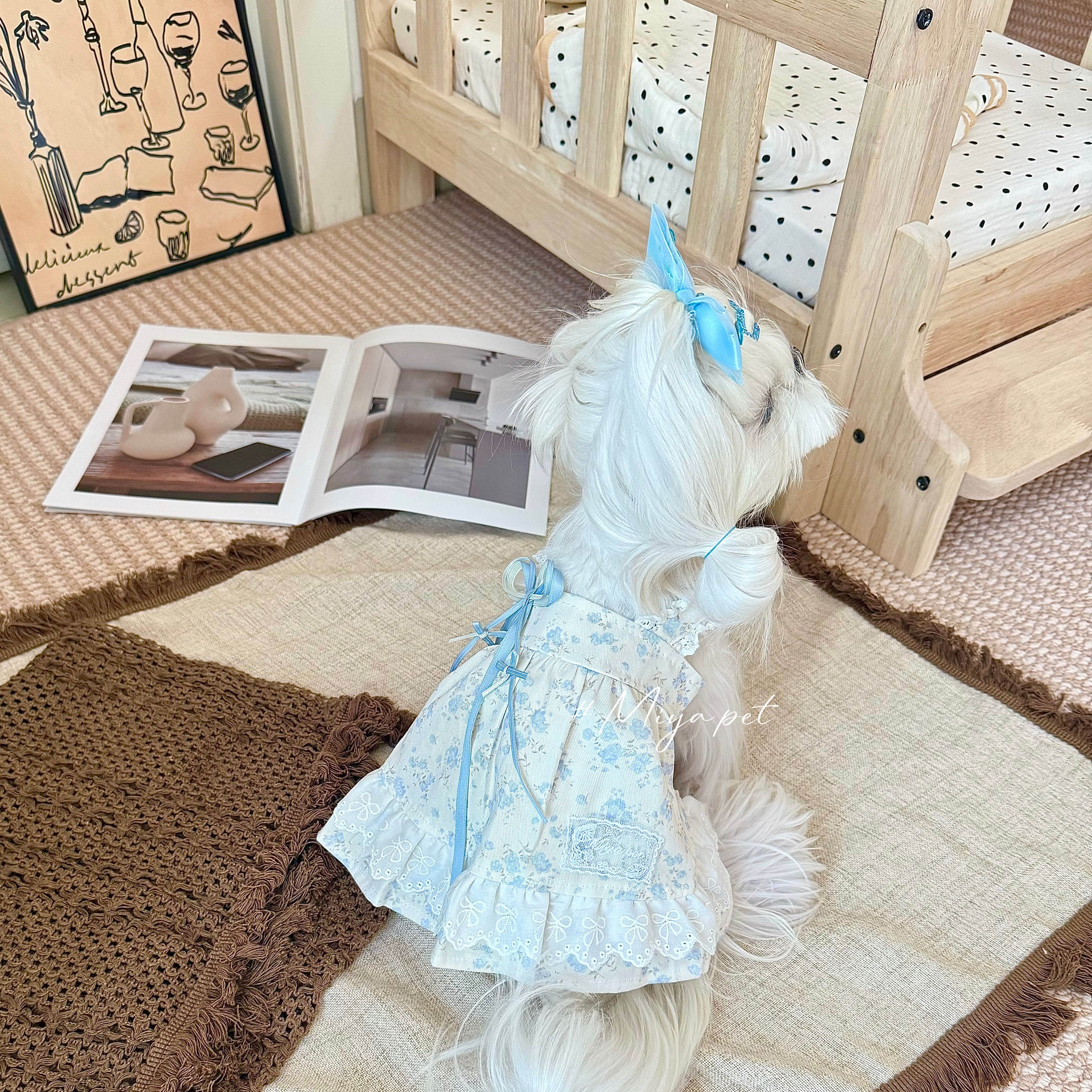 Blue Floral Ribbon Bow Pet Dress for Small Dogs & Cats Pet Dress Miya