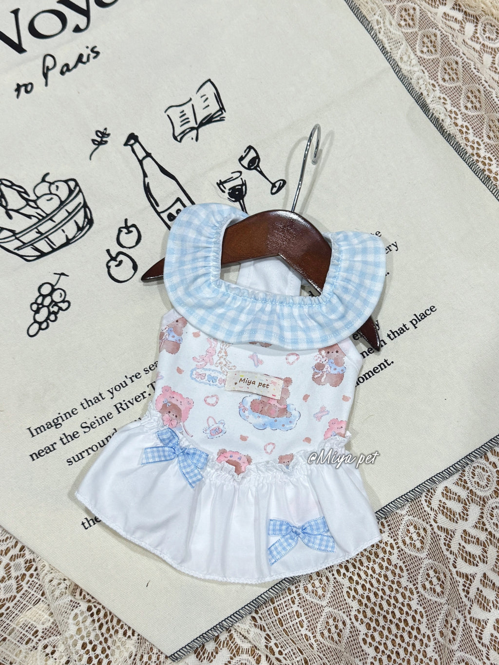 Bear Print Gingham Collar Pet Dress for Small Dogs & Cats Pet Dress Miya
