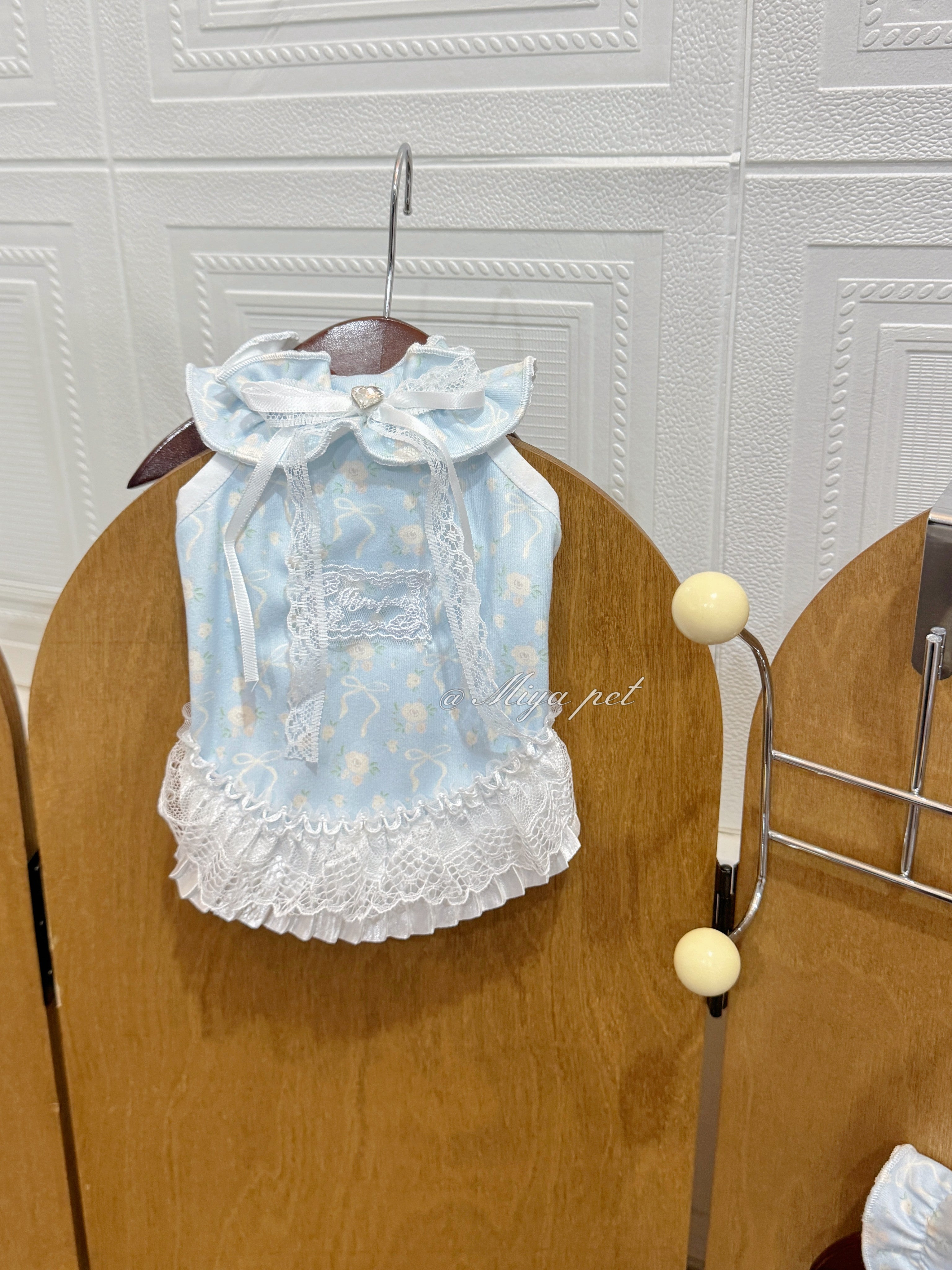 Milk Blue Floral Bow Halter Pet Dress Pet Dress Miya