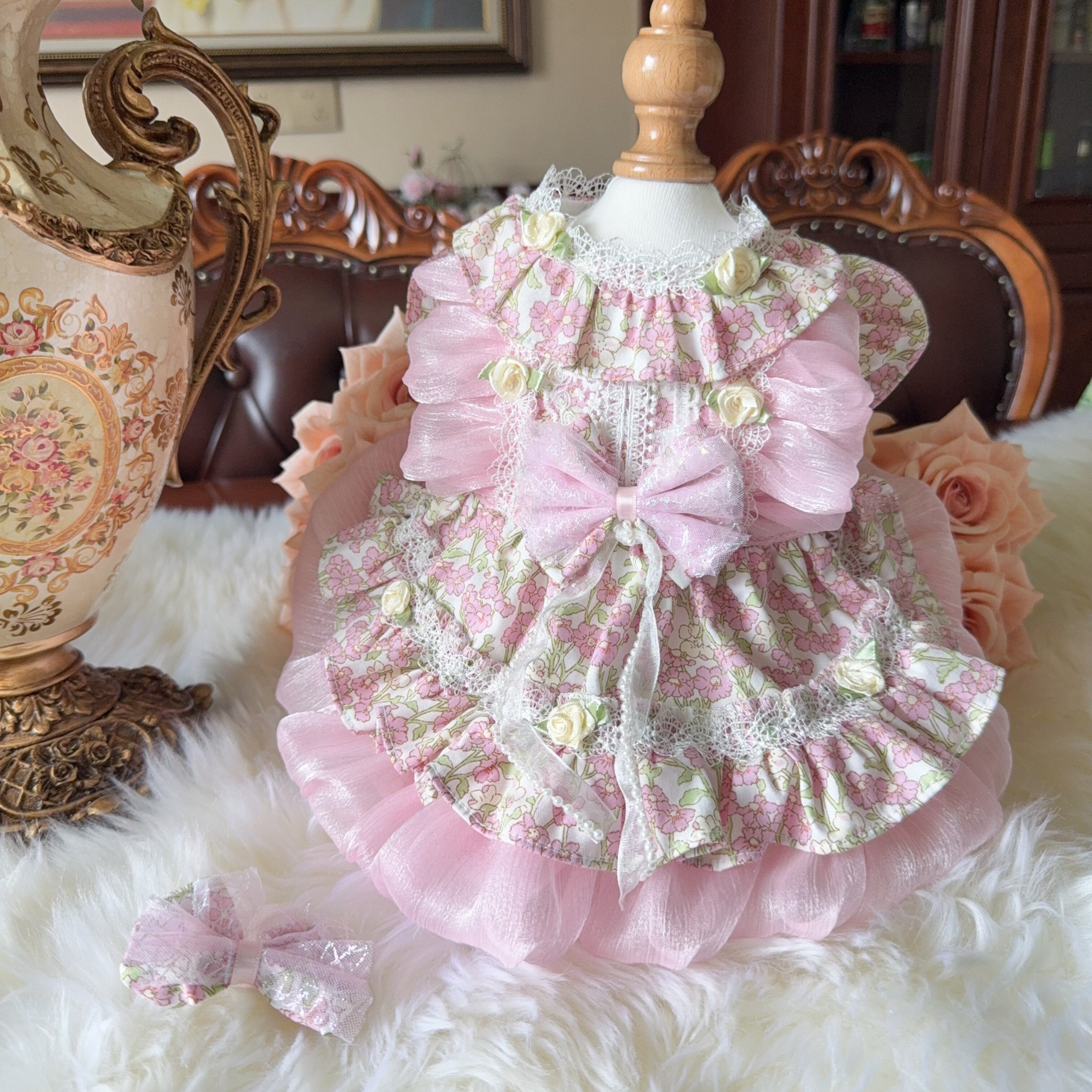 Amya - Pink Floral Ruffle Lolita Pet Dress Pet Dress Amya