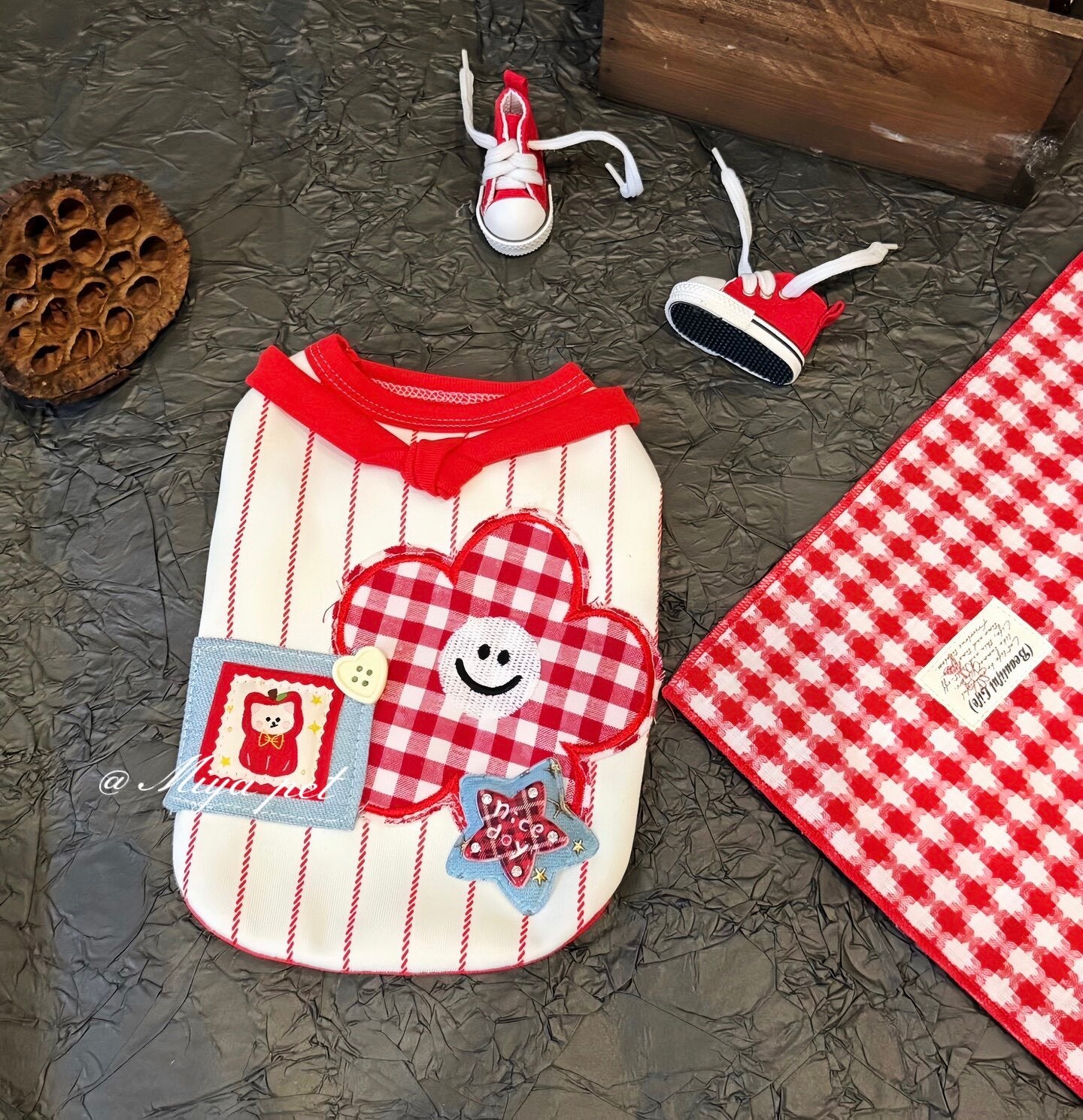 Red Striped Flower Appliqué Pet Tank Top Pet Top Miya