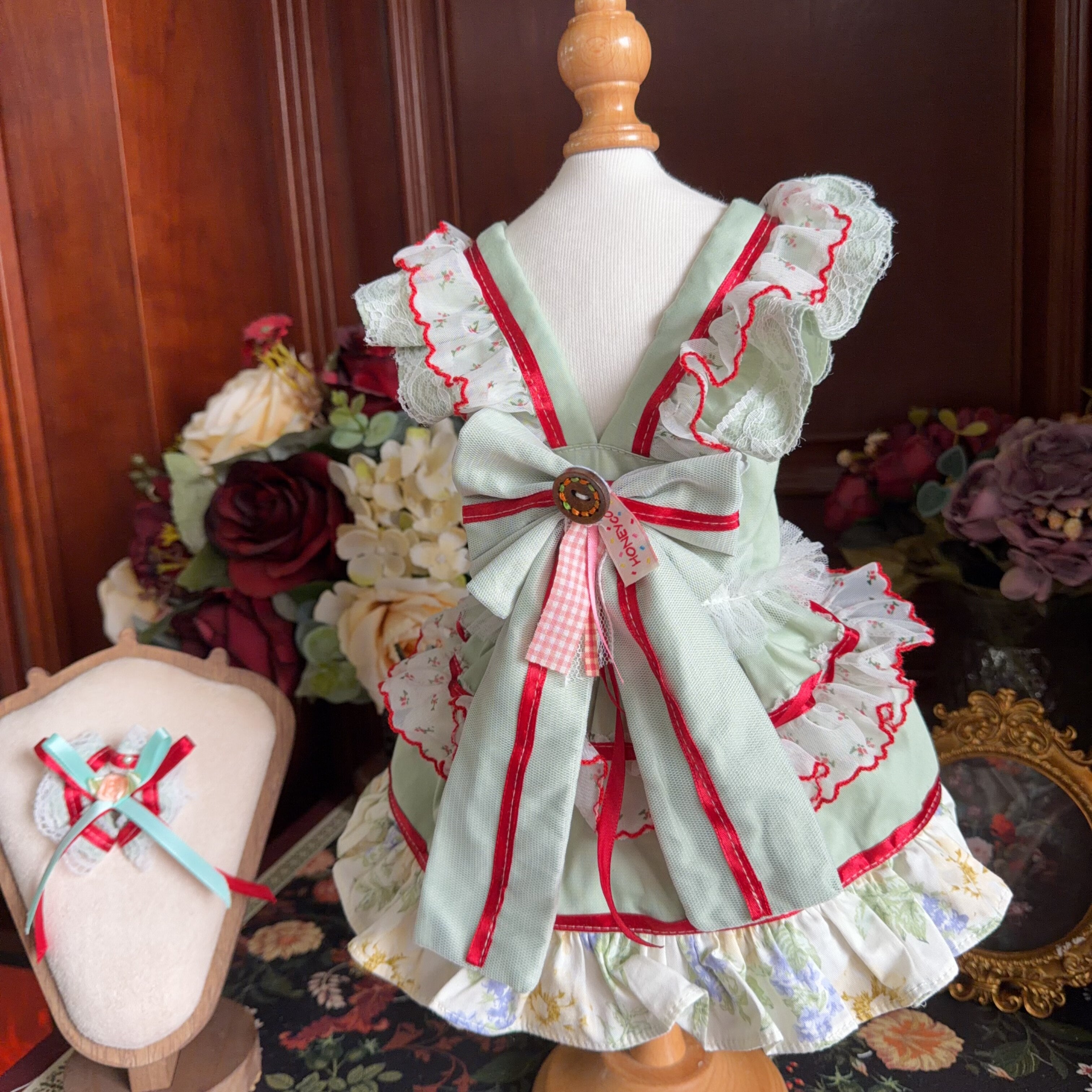 Amya - Mint Red Trim Lolita Pet Dress Pet Dress Amya