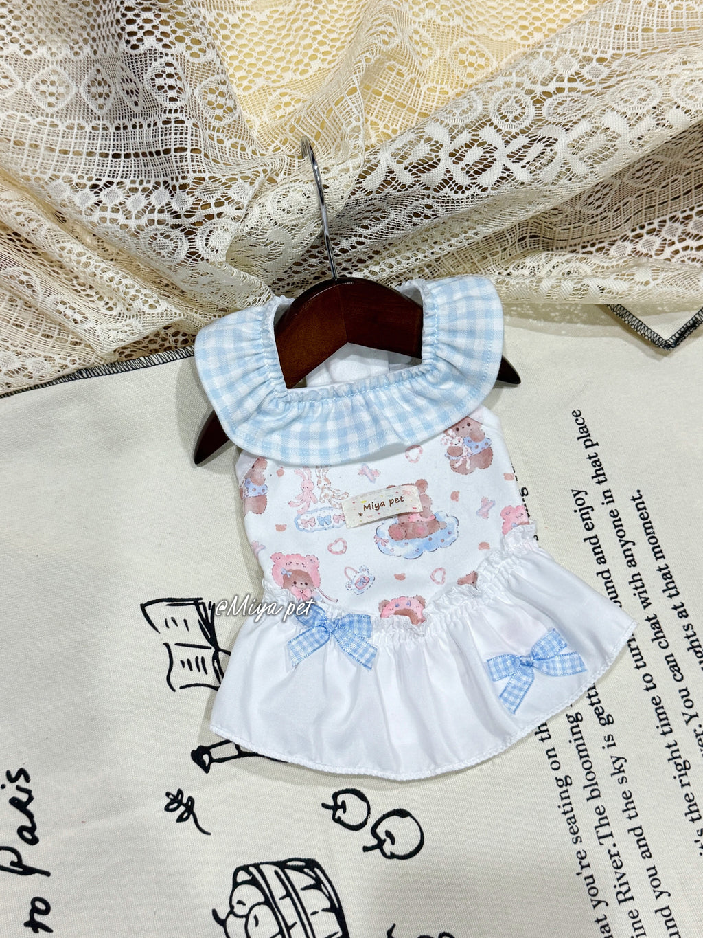 Bear Print Gingham Collar Pet Dress for Small Dogs & Cats Pet Dress Miya