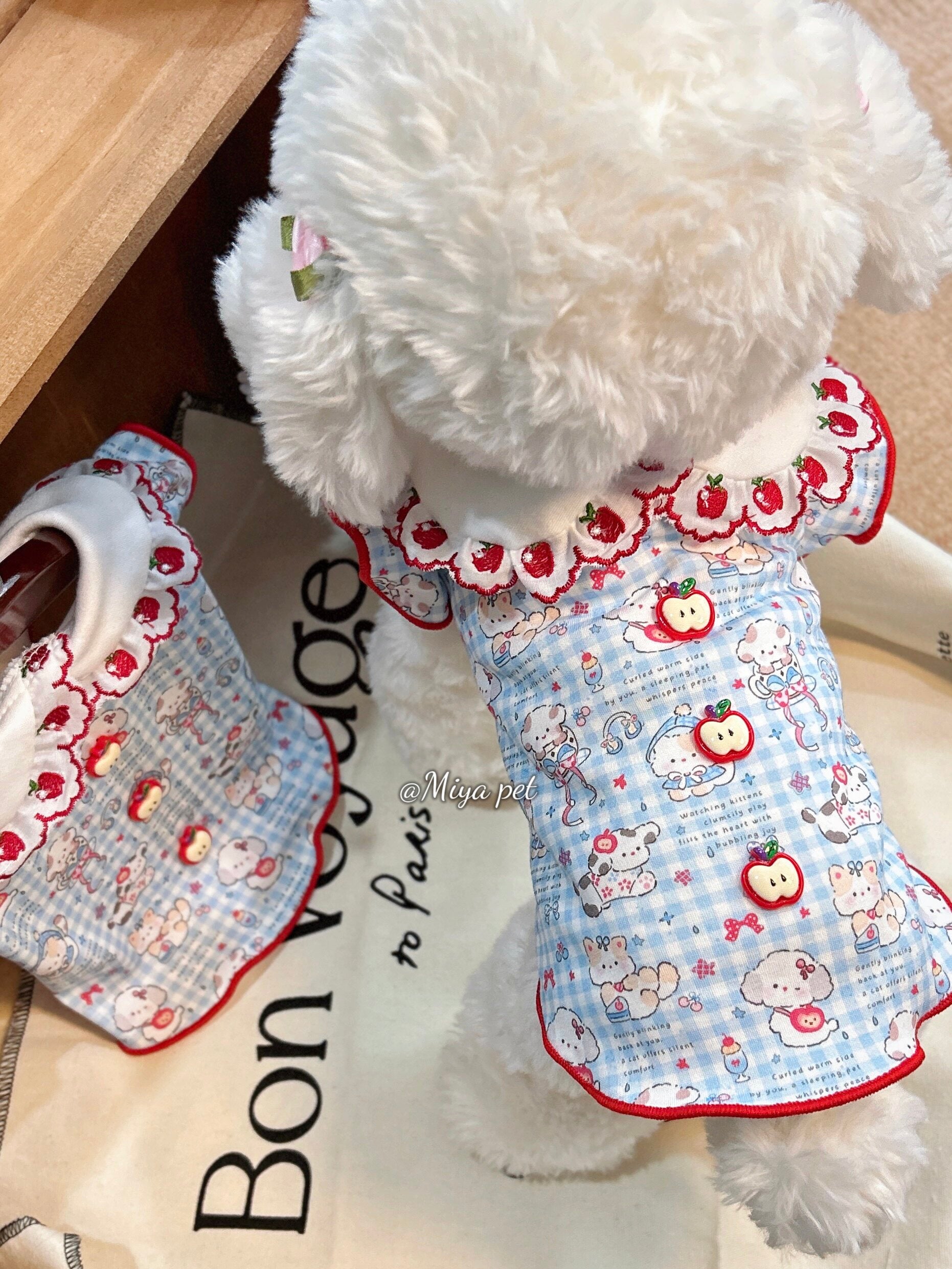 Blue Gingham Apple Pet Top for Small Dogs & Cats Pet Top Miya