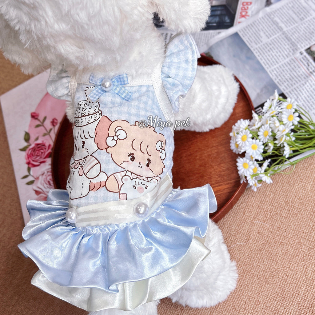 Cartoon Print Camisole Pet Dress Milk Blue Pet Dress Miya