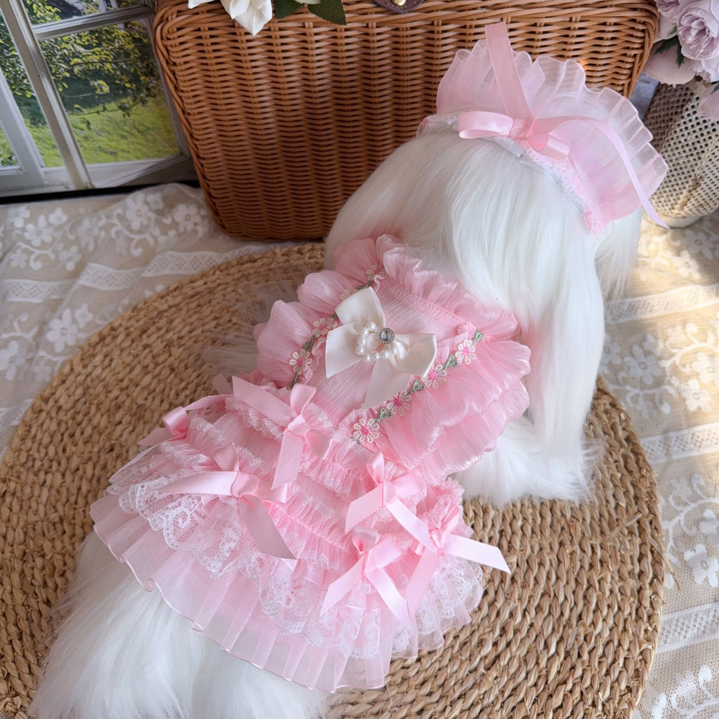 Amya - Pink Satin Bow Lolita Pet Dress Pet Dress Amya