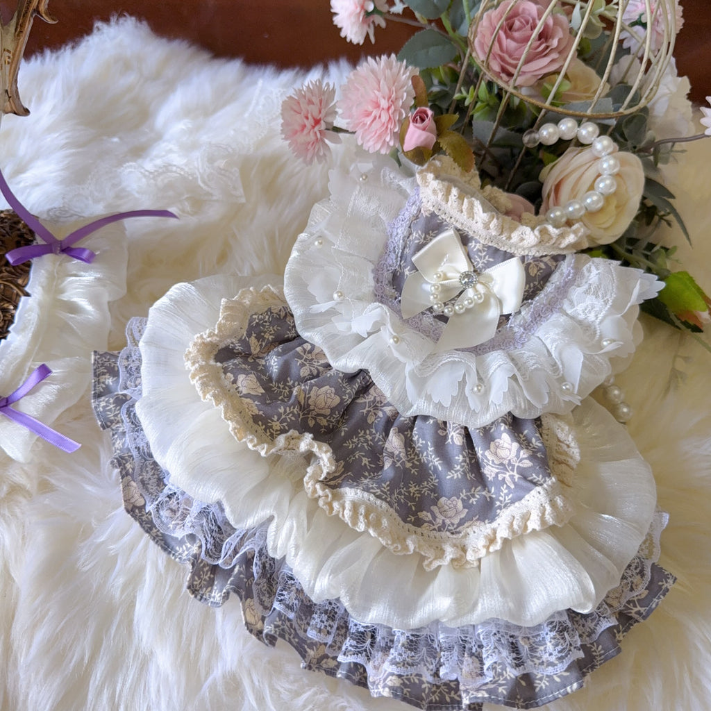 Amya - Grey Floral Lolita Pet Dress Pet Dress Amya