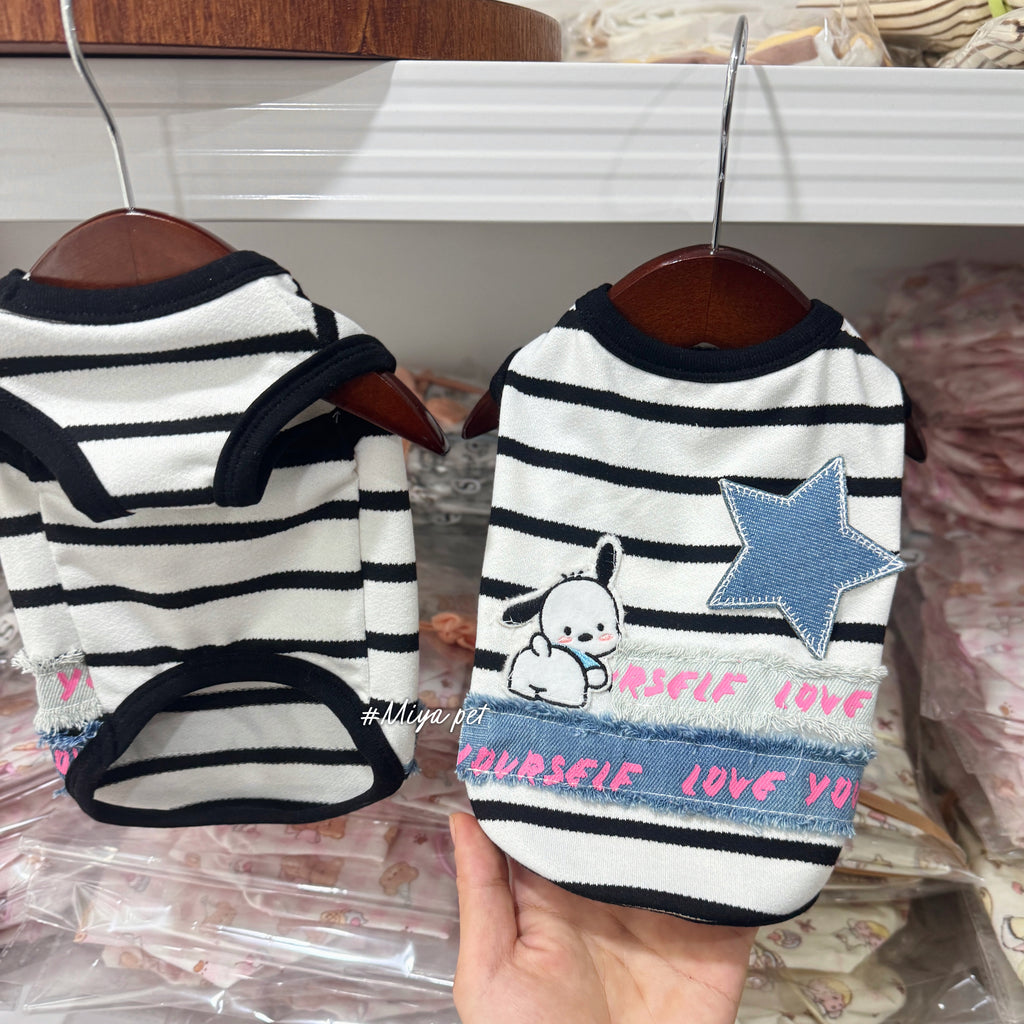 Striped Denim Patch Pet Tank Top for Small Dogs & Cats Pet Top Miya