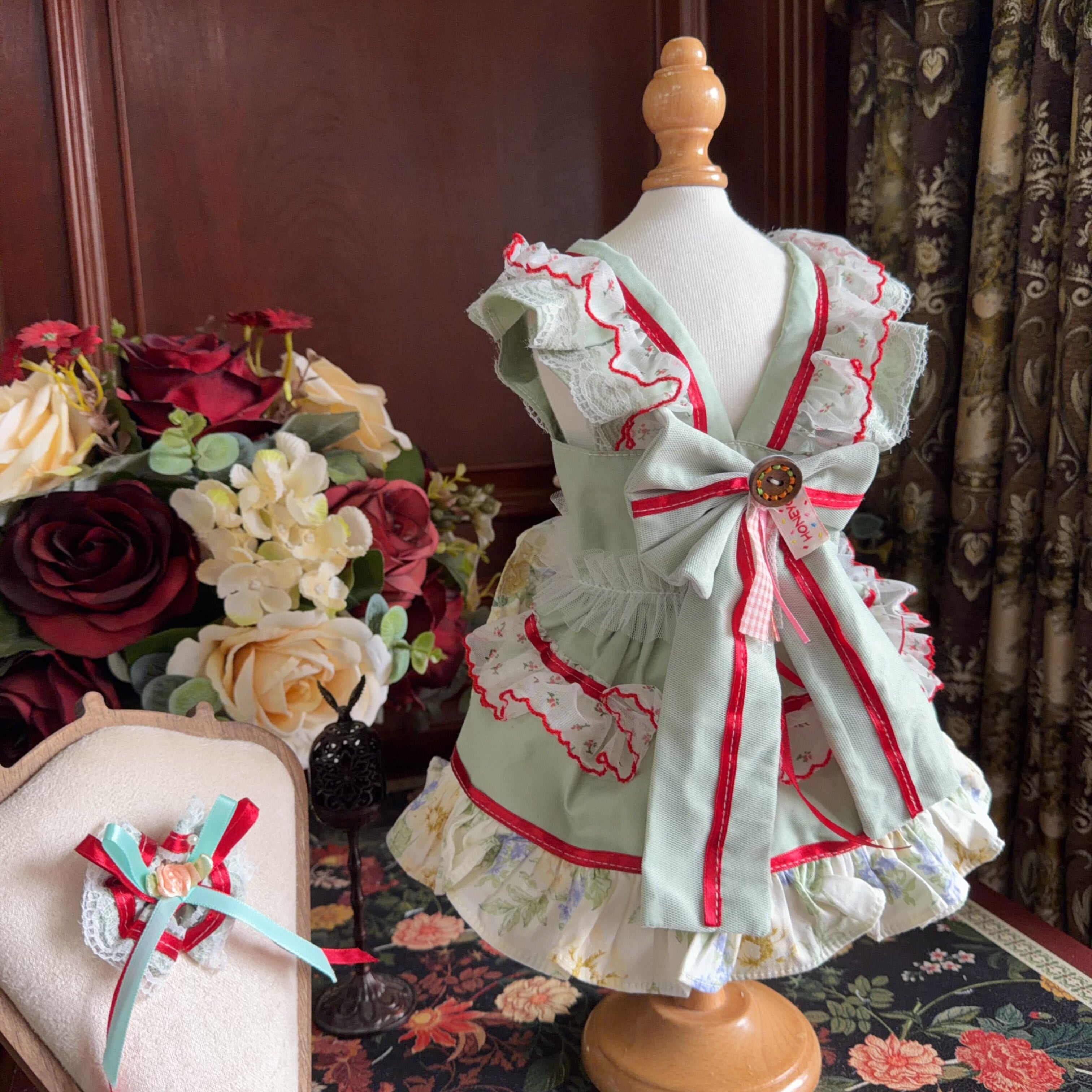 Amya - Mint Red Trim Lolita Pet Dress Pet Dress Amya