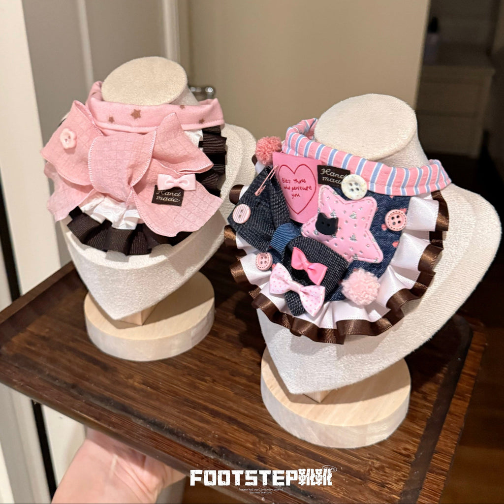 FOOTSTEP - Pink Coffee Big Grid Gauze Bow Pet Bib Pet Bibs FOOTSTEP