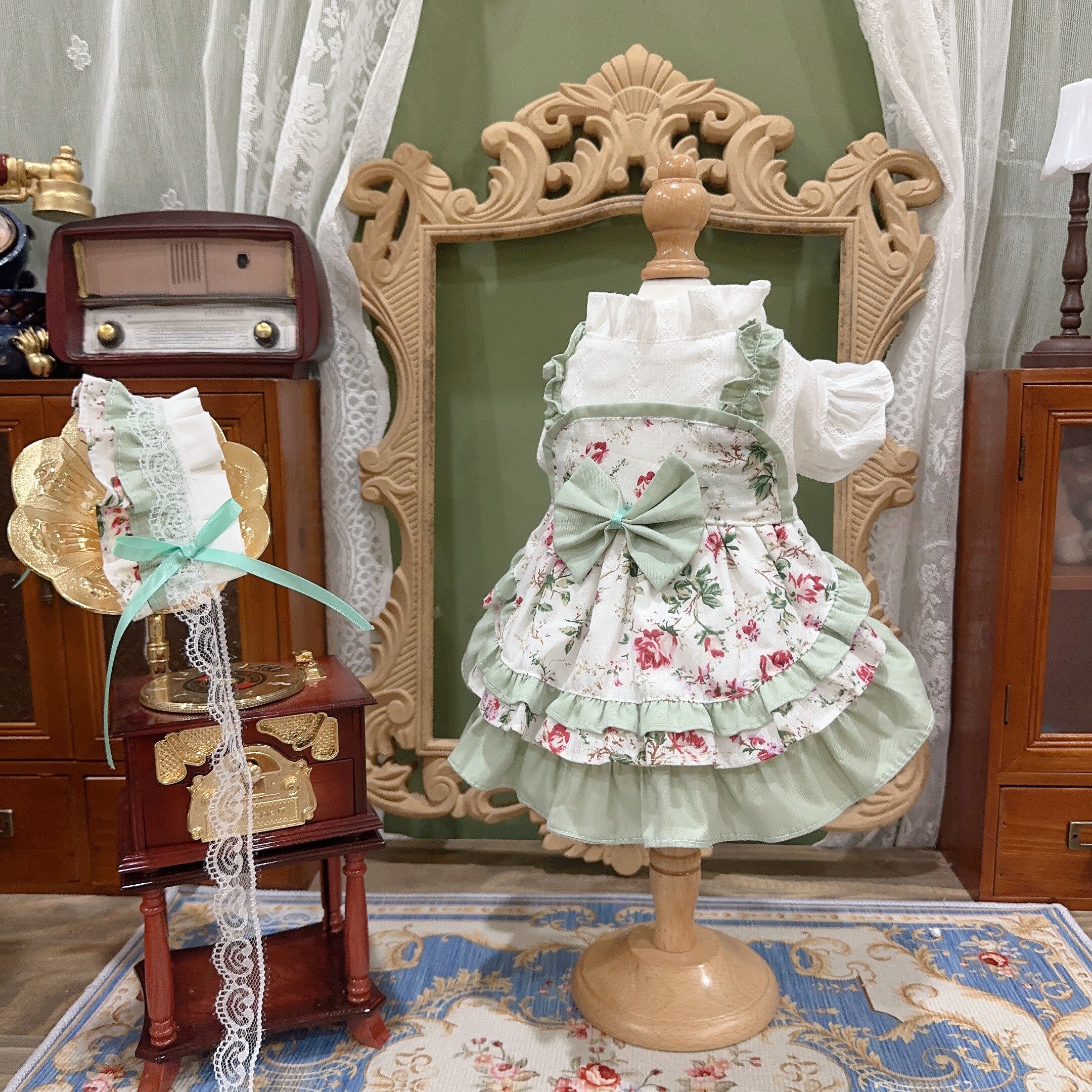 Amya - Mint Floral Lolita Pet Dress Pet Dress Amya