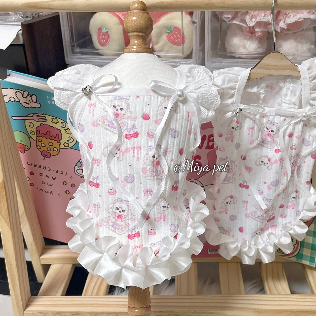 Puppy Print Lace Ribbon Camisole Pet Dress for Small Dogs & Cats Pet Dress Miya