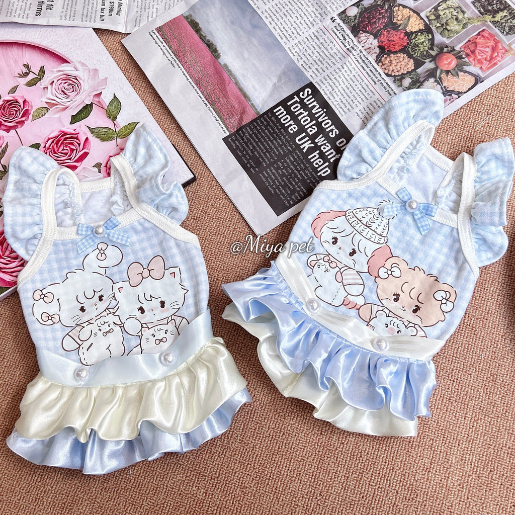 Cartoon Print Camisole Pet Dress Milk Blue Pet Dress Miya