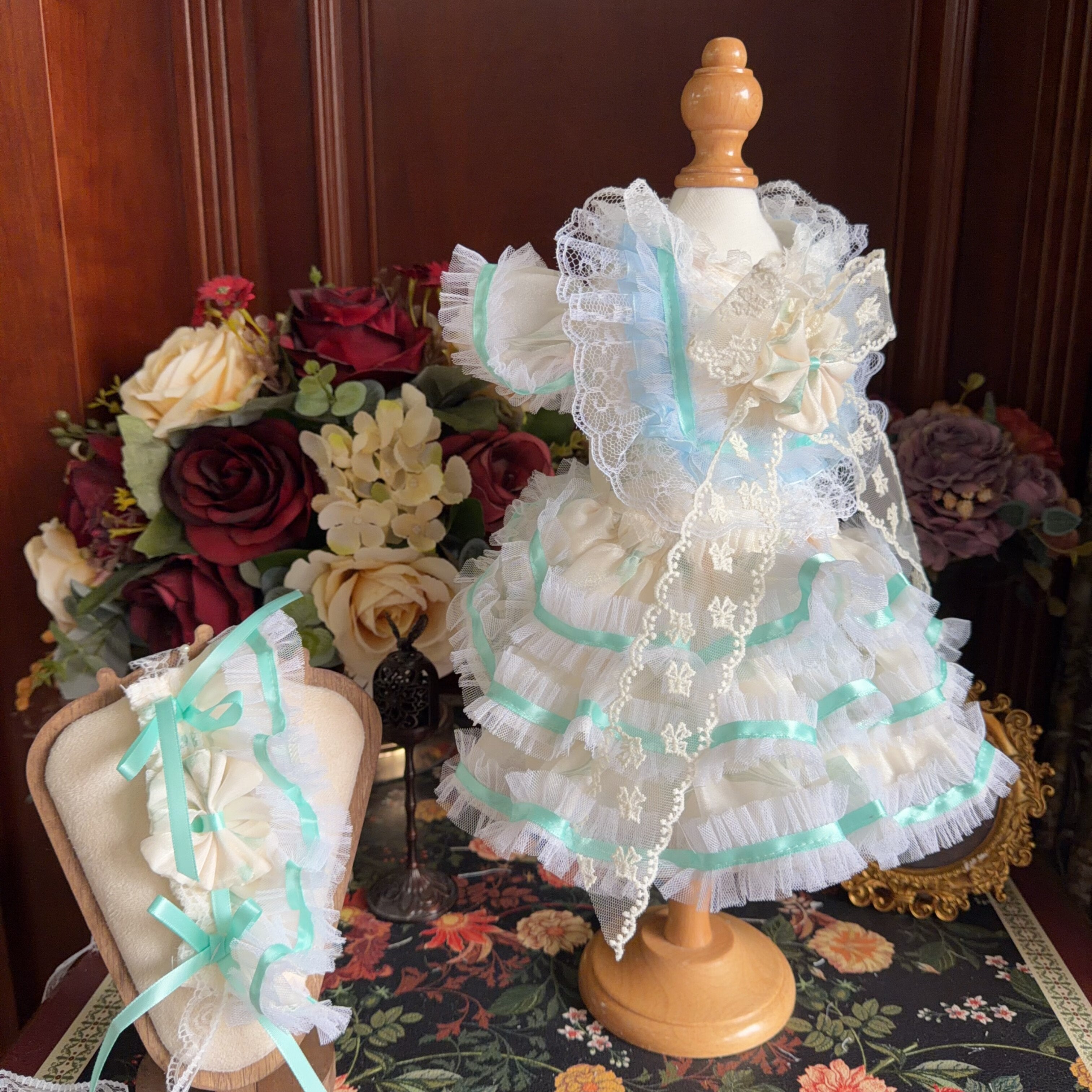 Amya - Cream Mint Bow Lolita Pet Dress Pet Dress Amya