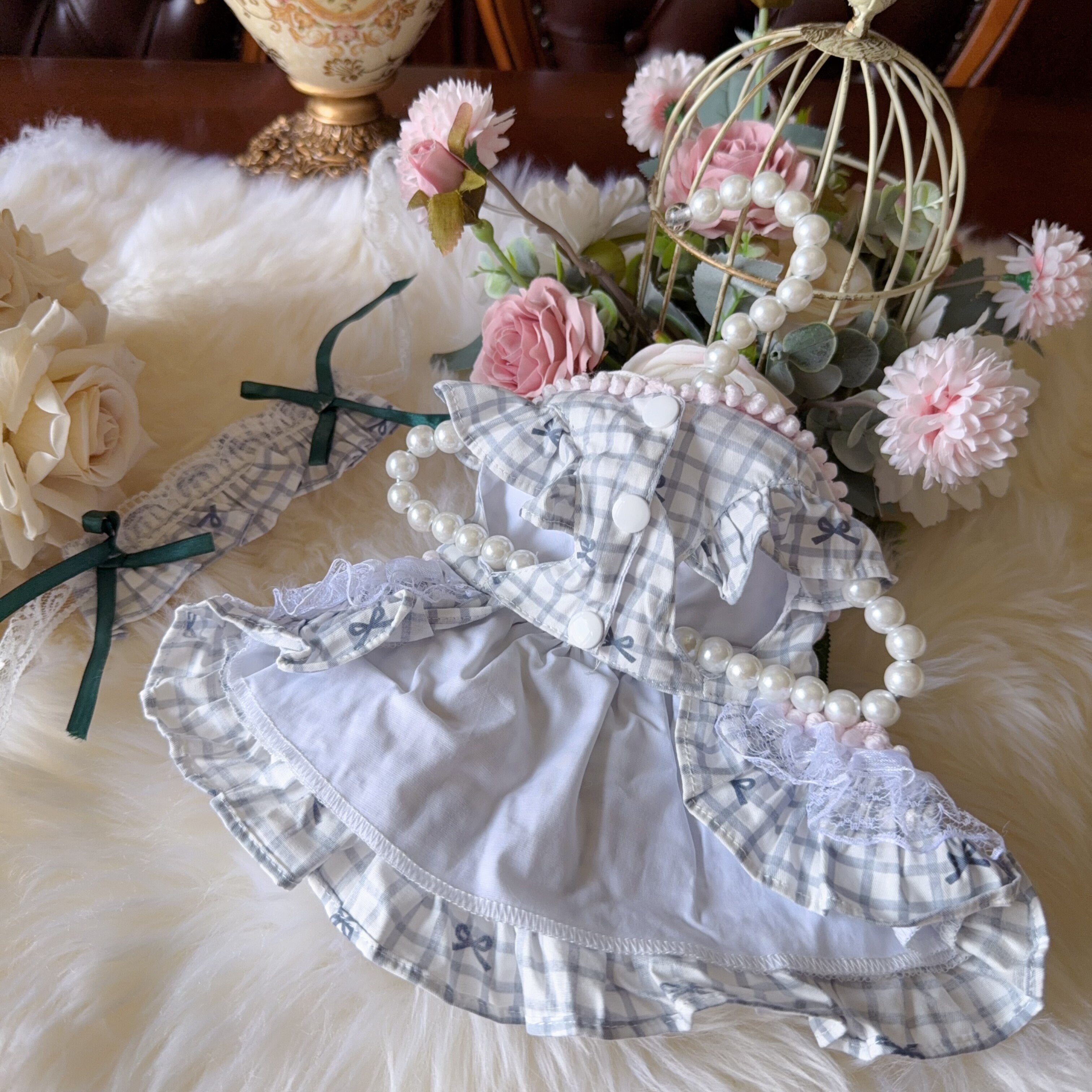 Amya - Pink & Gray Gingham Lolita Pet Dress Pet Dress Amya