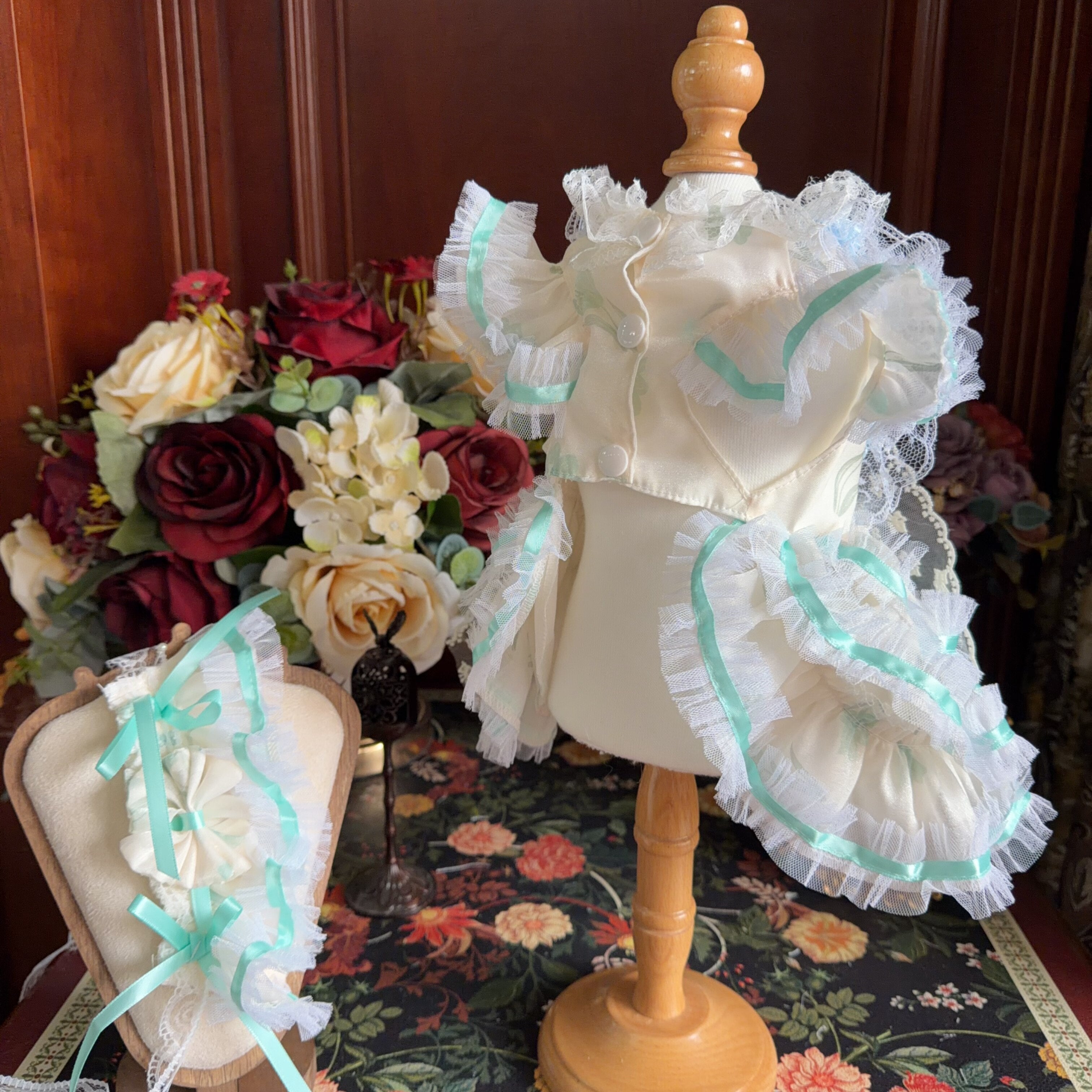 Amya - Cream Mint Bow Lolita Pet Dress Pet Dress Amya