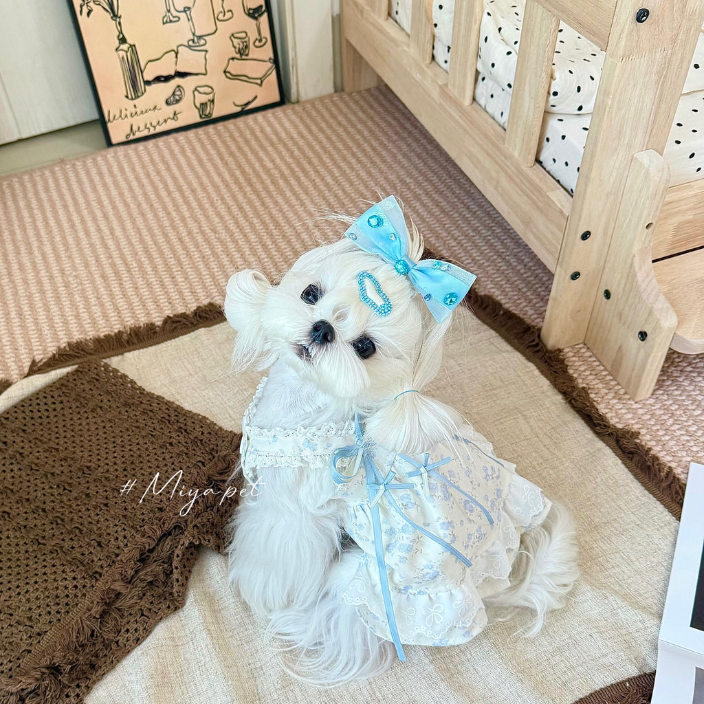 Blue Floral Ribbon Bow Pet Dress for Small Dogs & Cats Pet Dress Miya