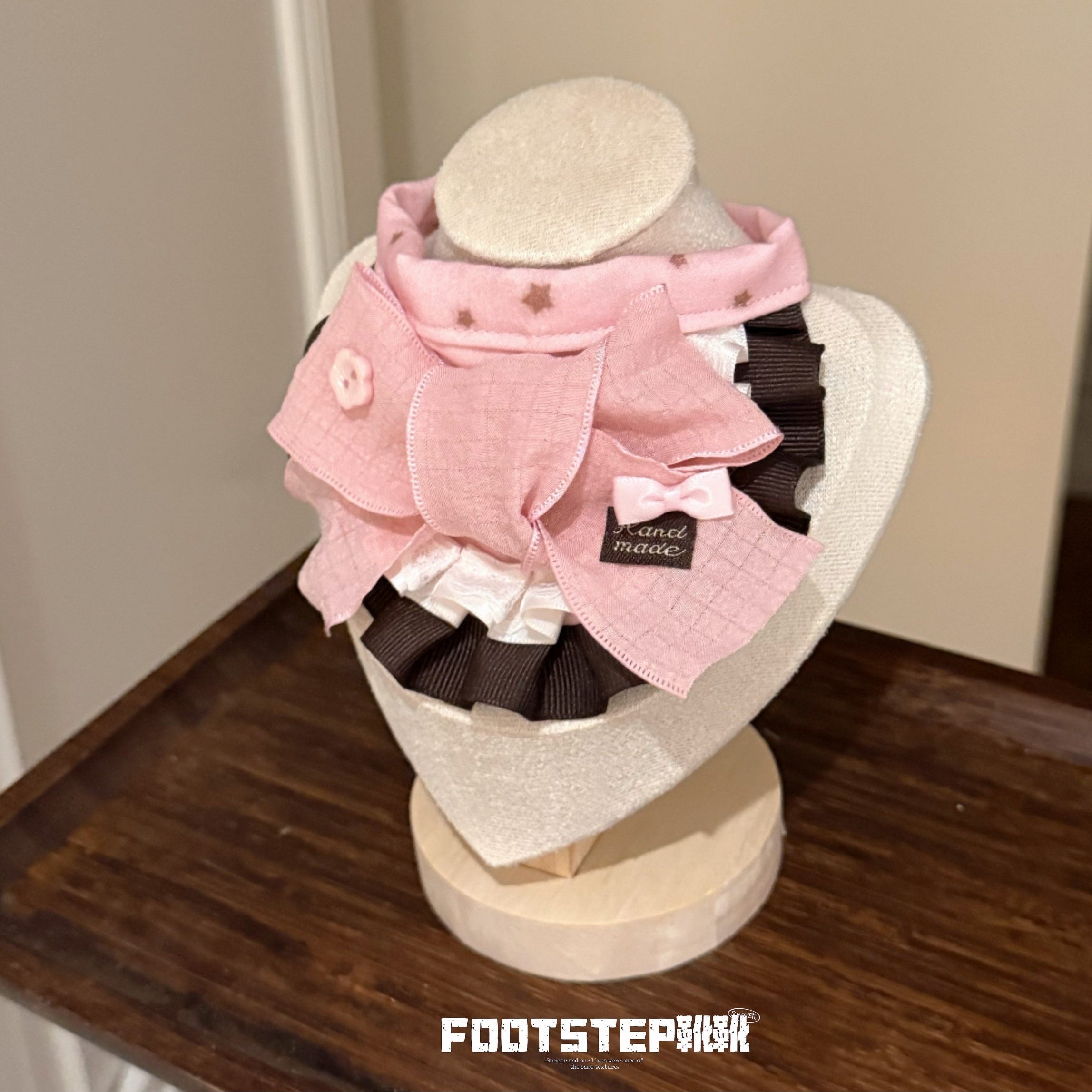 FOOTSTEP - Pink Coffee Big Grid Gauze Bow Pet Bib Pet Bibs FOOTSTEP