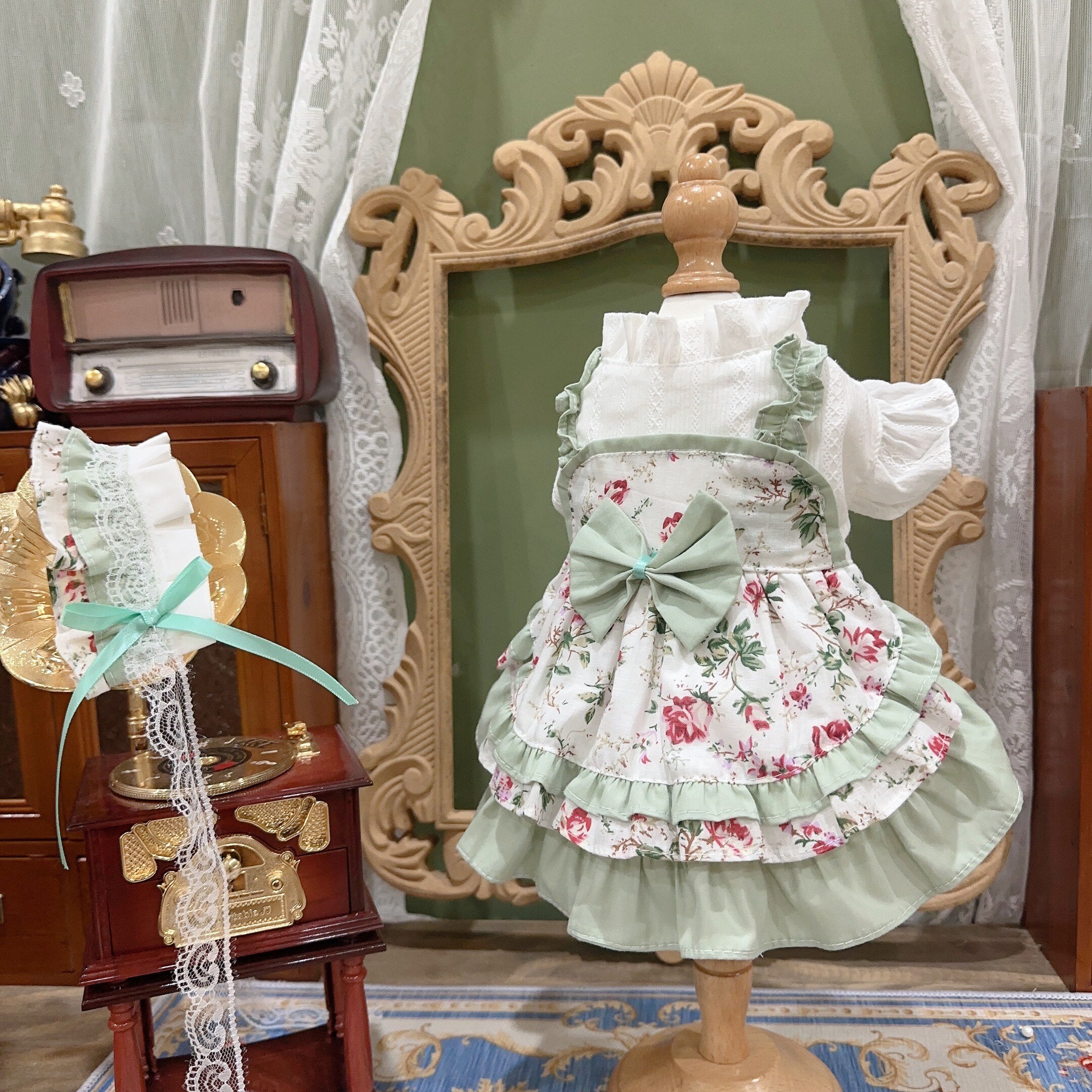 Amya - Mint Floral Lolita Pet Dress Pet Dress Amya