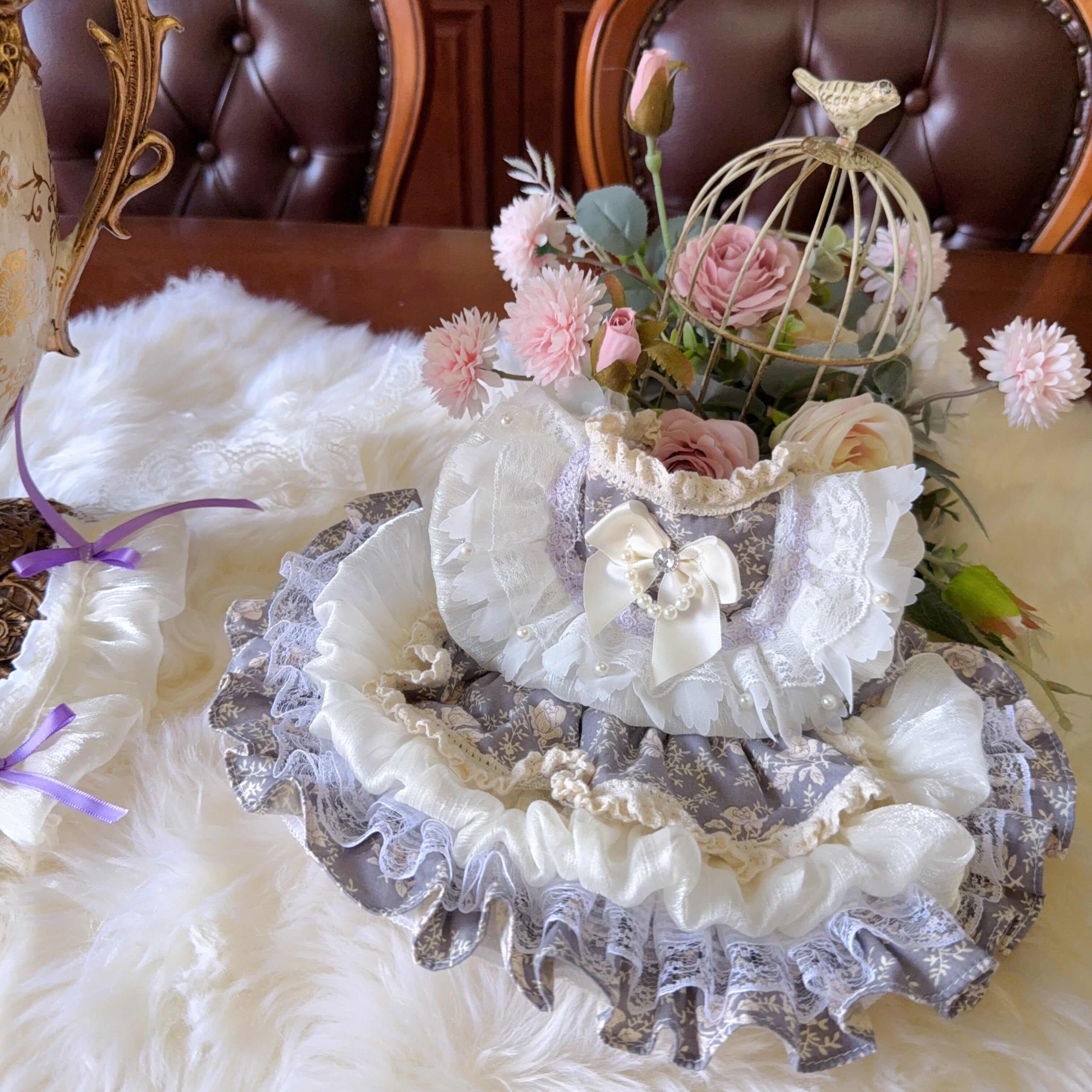 Amya - Grey Floral Lolita Pet Dress Pet Dress Amya